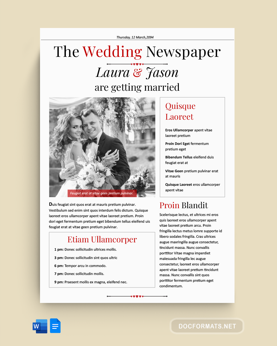 Black and White Wedding Program Newspaper Template - Word, Google Docs