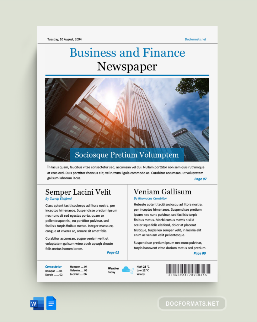Business and Finance Newspaper Template - Word, Google Docs