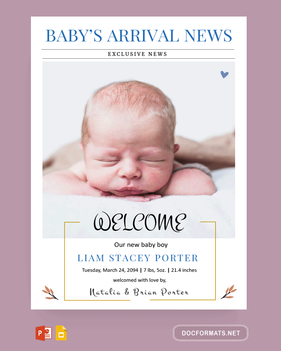 Baby Birth Announcement Template - PowerPoint, Google Slides