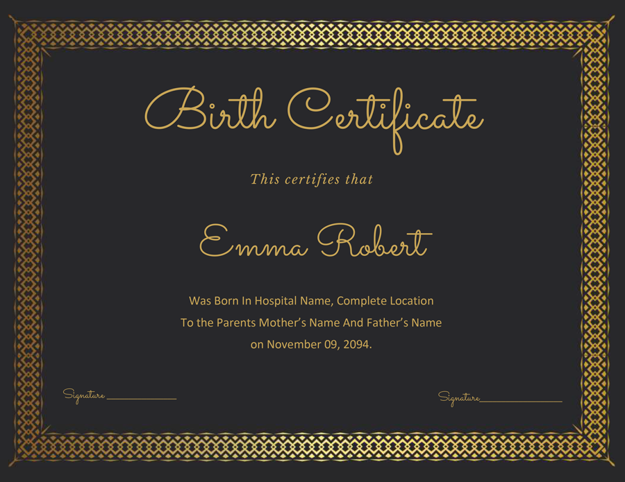 Black and Gold Birth Certificate Template