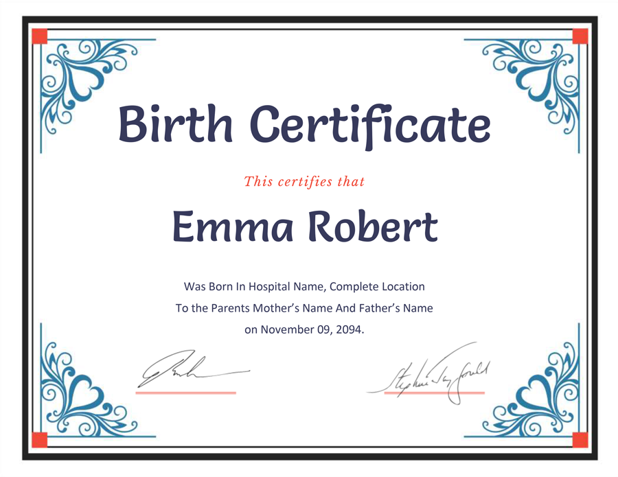 Blue and Red Birth Certificate Template