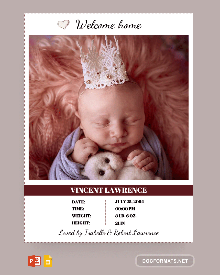 Dotted Border Birth Announcement Card - PowerPoint, Google Slides
