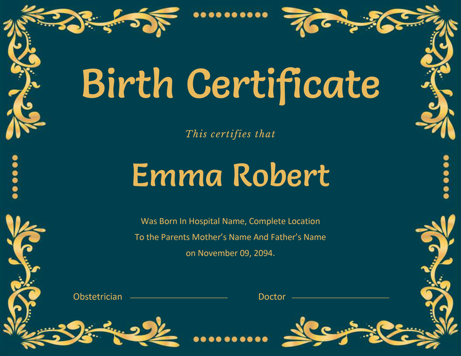 Golden Themed Birth Certificate Template