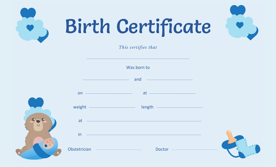 Minimal Sky Blue Birth Certificate Template