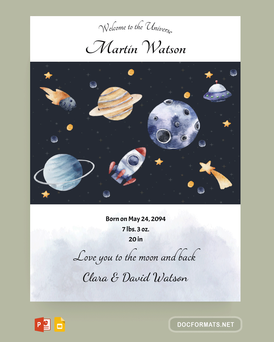 Outer Space Birth Announcement Template - PowerPoint, Google Slides