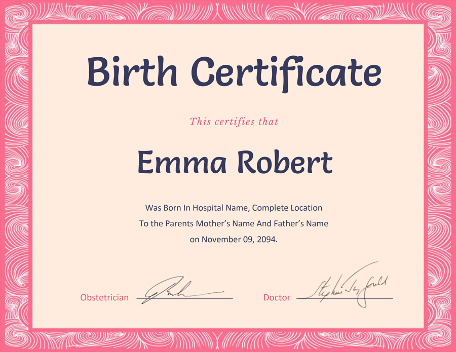 Pink Birth Certificate Template