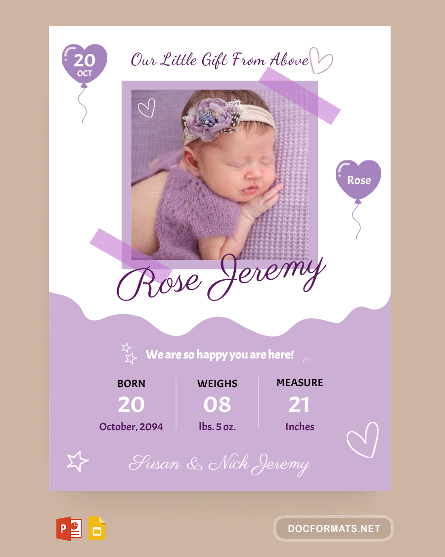 Purple Baby Birth Announcement Template - PowerPoint, Google Slides