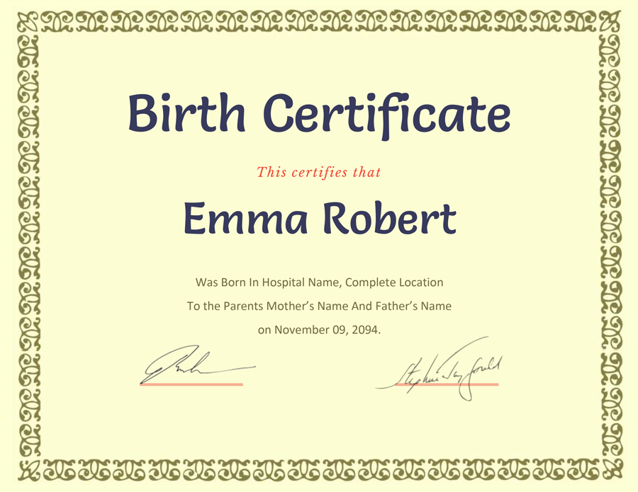 Yellow Birth Certificate Template